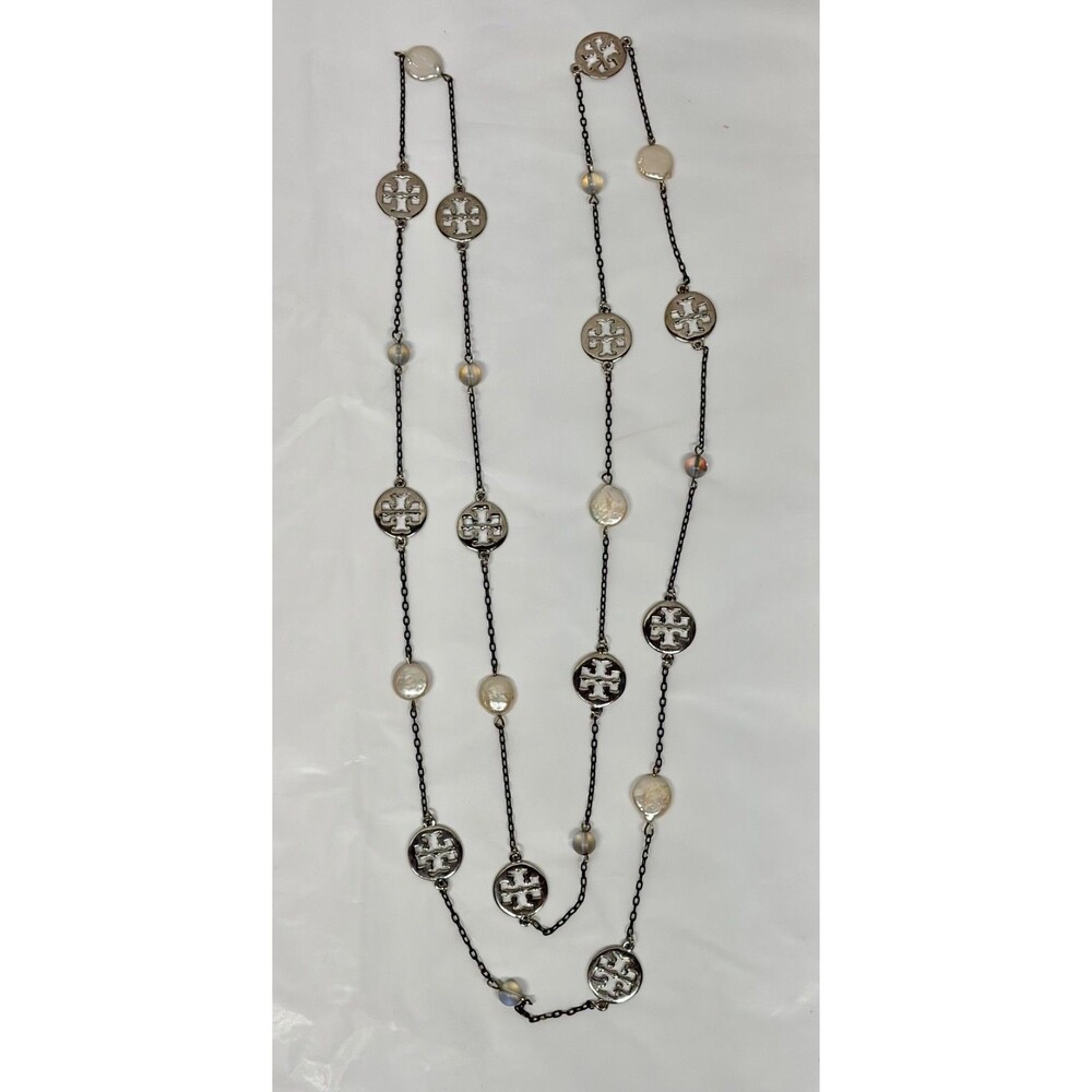 Tory Burch Necklace Station Coin Pearl Extra Long Logo Medallion Silver Tone
